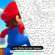 Malen nach Zahlen Klempner Mario springt zu einem goldenen Block – Nahaufnahme der nummerierten Leinwand