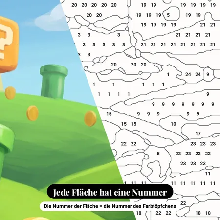 Malen nach Zahlen Super Mario Landschaft mit Blöcken und Rohren – nummerierte Leinwand zum Malen
