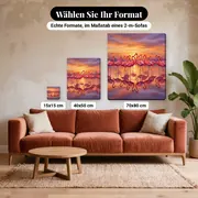 Malen nach Zahlen Flamingos bei Sonnenaufgang – verfügbare Formate im Größenvergleich zu einem Sofa