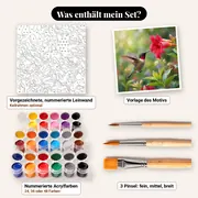 Malen nach Zahlen Kolibri im Flug und rote Blume – Set-Inhalt: vorgezeichnete Leinwand, Farben, Pinsel