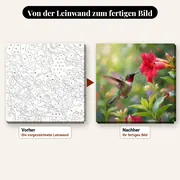 Malen nach Zahlen Kolibri im Flug und rote Blume – vorher und nachher: vorgezeichnete Leinwand und fertiges Gemälde