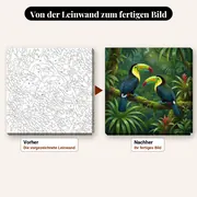 Malen nach Zahlen zwei Tukane auf einem tropischen Ast – vorher und nachher: vorgezeichnete Leinwand und fertiges Gemälde