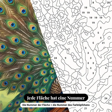 Malen nach Zahlen blauer Pfau schlägt ein Rad in einem Garten – nummerierte Leinwand zum Malen