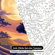Malen nach Zahlen Ninja auf den Dächern im Mondlicht – Nahaufnahme der nummerierten Leinwand