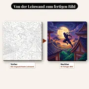 Malen nach Zahlen Ninja auf den Dächern im Mondlicht – vorher und nachher: vorgezeichnete Leinwand und fertiges Gemälde