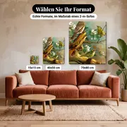 Malen nach Zahlen drei Vögel auf einem blühenden Zweig – verfügbare Formate im Größenvergleich zu einem Sofa