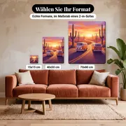 Malen nach Zahlen Campervan auf einer einsamen Straße – verfügbare Formate im Größenvergleich zu einem Sofa