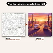 Malen nach Zahlen Campervan auf einer einsamen Straße – vorher und nachher: vorgezeichnete Leinwand und fertiges Gemälde