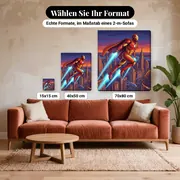 Malen nach Zahlen Iron Man fliegt über der Stadt – verfügbare Formate im Größenvergleich zu einem Sofa