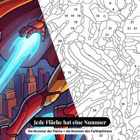 Malen nach Zahlen Iron Man fliegt über der Stadt – nummerierte Leinwand zum Malen