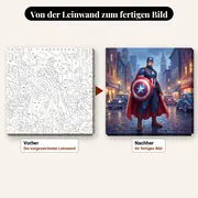 Malen nach Zahlen Captain America mit Schild auf der Straße – vorher und nachher: vorgezeichnete Leinwand und fertiges Gemälde