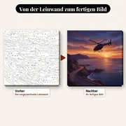 Malen nach Zahlen Hubschrauber über der Küste bei Sonnenuntergang – vorher und nachher: vorgezeichnete Leinwand und fertiges Gemälde