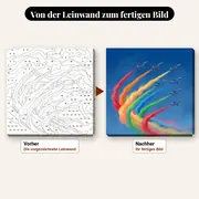 Malen nach Zahlen drei Kampfflugzeuge am Himmel – vorher und nachher: vorgezeichnete Leinwand und fertiges Gemälde