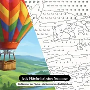 Malen nach Zahlen Heißluftballon und Flugzeug über einem Tal – Nahaufnahme der nummerierten Leinwand