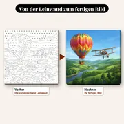 Malen nach Zahlen Heißluftballon und Flugzeug über einem Tal – vorher und nachher: vorgezeichnete Leinwand und fertiges Gemälde