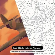 Malen nach Zahlen Propellerflugzeug an einem stürmischen Himmel – Nahaufnahme der nummerierten Leinwand
