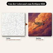 Malen nach Zahlen Propellerflugzeug an einem stürmischen Himmel – vorher und nachher: vorgezeichnete Leinwand und fertiges Gemälde
