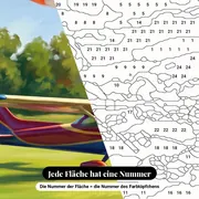 Malen nach Zahlen kleines Flugzeug auf Graspiste – Nahaufnahme der nummerierten Leinwand