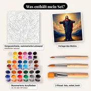 Malen nach Zahlen Jesus Christus mit ausgebreiteten Armen – Set-Inhalt: vorgezeichnete Leinwand, Farben, Pinsel