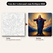Malen nach Zahlen Jesus Christus mit ausgebreiteten Armen – vorher und nachher: vorgezeichnete Leinwand und fertiges Gemälde
