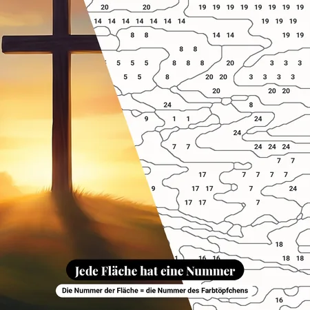 Malen nach Zahlen christlich: Kreuz auf Hügel bei Sonnenaufgang – nummerierte Leinwand zum Malen