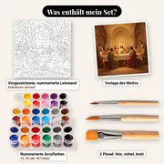 Malen nach Zahlen Das letzte Abendmahl Jesu mit den Aposteln – Set-Inhalt: vorgezeichnete Leinwand, Farben, Pinsel