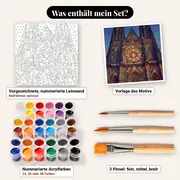 Malen nach Zahlen gotische Kathedrale und Rosette – Set-Inhalt: vorgezeichnete Leinwand, Farben, Pinsel