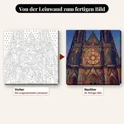 Malen nach Zahlen gotische Kathedrale und Rosette – vorher und nachher: vorgezeichnete Leinwand und fertiges Gemälde