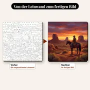 Malen nach Zahlen Cowboy zu Pferd im Sonnenuntergang – vorher und nachher: vorgezeichnete Leinwand und fertiges Gemälde