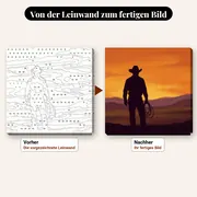 Malen nach Zahlen einsamer Cowboy mit Lasso – vorher und nachher: vorgezeichnete Leinwand und fertiges Gemälde