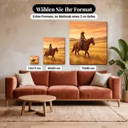 Malen nach Zahlen Cowgirl zu Pferd in goldener Prärie – verfügbare Formate im Größenvergleich zu einem Sofa