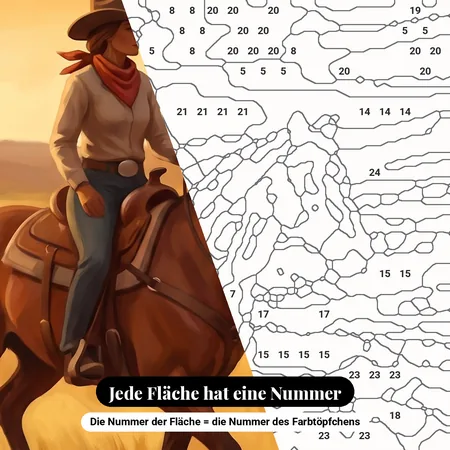 Malen nach Zahlen Cowgirl zu Pferd in goldener Prärie – nummerierte Leinwand zum Malen