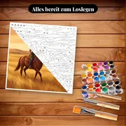 Malen nach Zahlen Cowgirl zu Pferd in goldener Prärie – Set bereit zum Loslegen auf dem Tisch