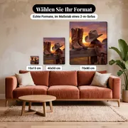 Malen nach Zahlen Cowboystiefel und Cowboyhut bei Sonnenaufgang – verfügbare Formate im Größenvergleich zu einem Sofa