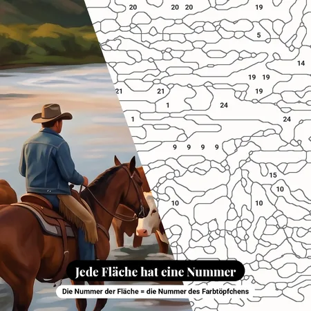 Malen nach Zahlen Cowboy durchquert mit seiner Herde den Fluss – nummerierte Leinwand zum Malen