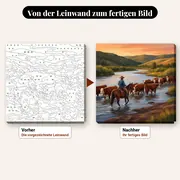 Malen nach Zahlen Cowboy durchquert mit seiner Herde den Fluss – vorher und nachher: vorgezeichnete Leinwand und fertiges Gemälde