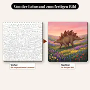 Malen nach Zahlen Stegosaurus in einem blühenden Tal – vorher und nachher: vorgezeichnete Leinwand und fertiges Gemälde