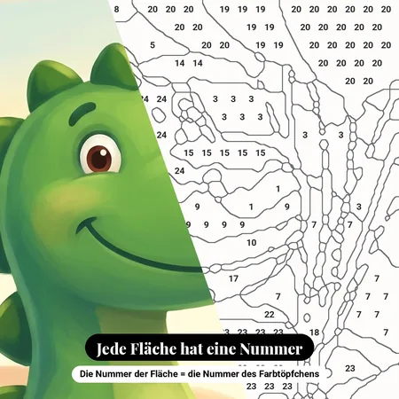 Malen nach Zahlen grüner Dinosaurier mit bunten Luftballons – nummerierte Leinwand zum Malen