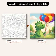 Malen nach Zahlen grüner Dinosaurier mit bunten Luftballons – vorher und nachher: vorgezeichnete Leinwand und fertiges Gemälde