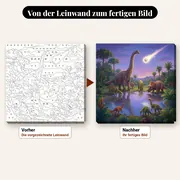 Malen nach Zahlen Dinosaurier an der Wasserstelle – vorher und nachher: vorgezeichnete Leinwand und fertiges Gemälde