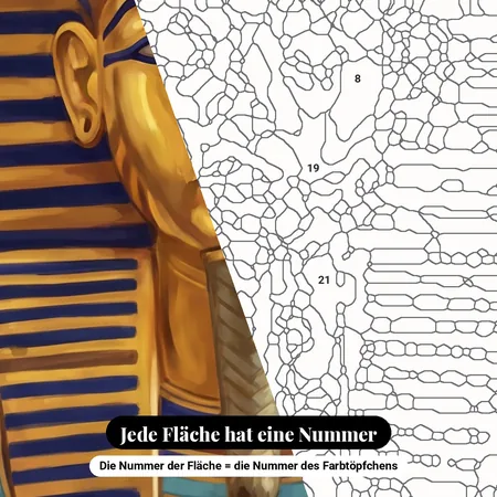 Malen nach Zahlen goldene Pharaonenmaske auf blauem Hintergrund – nummerierte Leinwand zum Malen