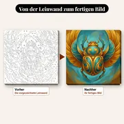 Malen nach Zahlen goldener ägyptischer Skarabäus als Ornament – vorher und nachher: vorgezeichnete Leinwand und fertiges Gemälde