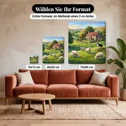 Malen nach Zahlen Schafe auf Hügeln mit Bauernhof – verfügbare Formate im Größenvergleich zu einem Sofa