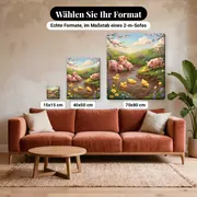 Malen nach Zahlen Ferkel und Entenküken am Teich – verfügbare Formate im Größenvergleich zu einem Sofa