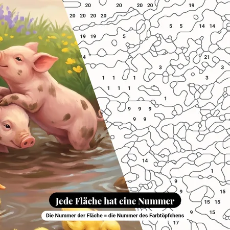 Malen nach Zahlen Ferkel und Entenküken am Teich – nummerierte Leinwand zum Malen