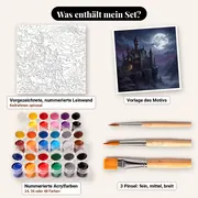 Malen nach Zahlen gotisches Schloss unter Vollmond – Set-Inhalt: vorgezeichnete Leinwand, Farben, Pinsel