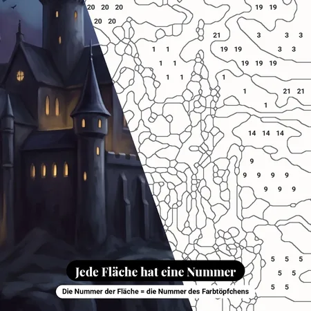 Malen nach Zahlen gotisches Schloss unter Vollmond – nummerierte Leinwand zum Malen