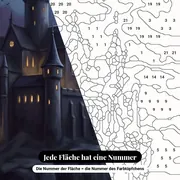 Malen nach Zahlen gotisches Schloss unter Vollmond – Nahaufnahme der nummerierten Leinwand