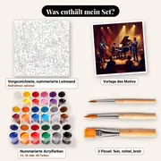 Malen nach Zahlen Jazztrio im Club – Set-Inhalt: vorgezeichnete Leinwand, Farben, Pinsel