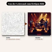 Malen nach Zahlen Jazztrio im Club – vorher und nachher: vorgezeichnete Leinwand und fertiges Gemälde